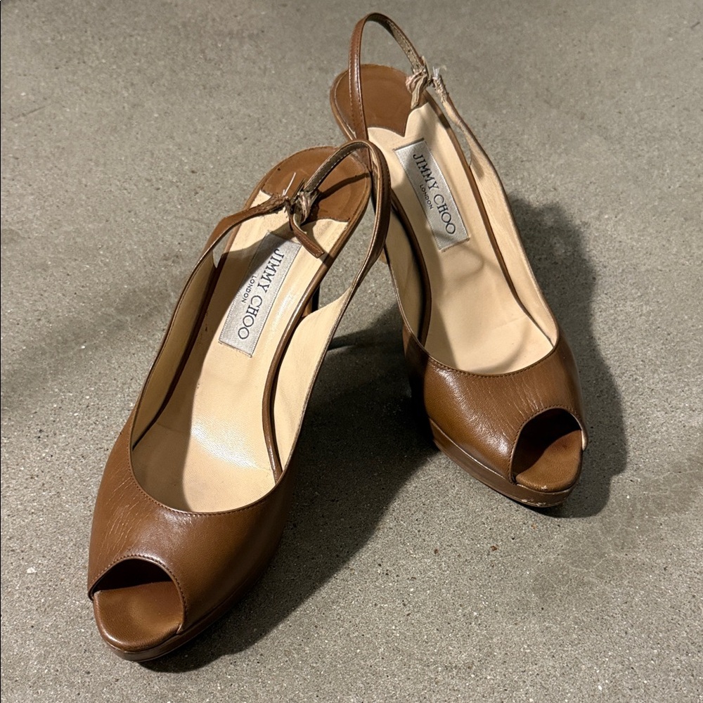 Jimmy Choo Tan Peep Toe Slingback Heels